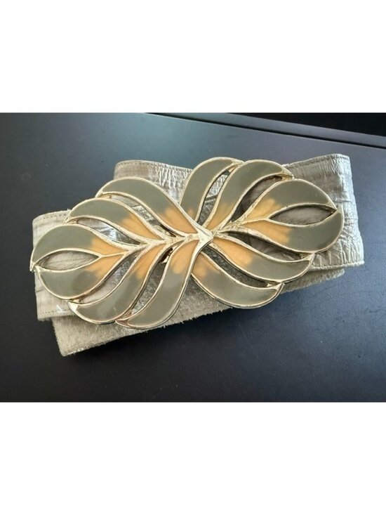Vintage 1980s Eel Skin Belt Grey Gold Enamel Adjustable Buckle Silver Glam Wide main image 8